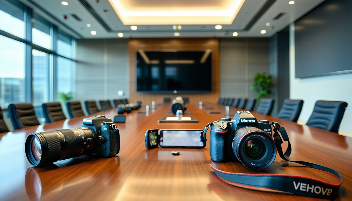 Professional conference camera setup in a boardroom